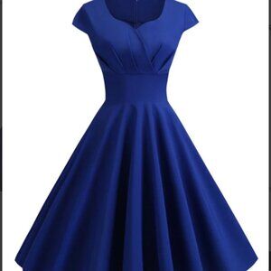 Retro Stage Royal Blue Vintage-Style Fit & Flare Midi Dress - Small
